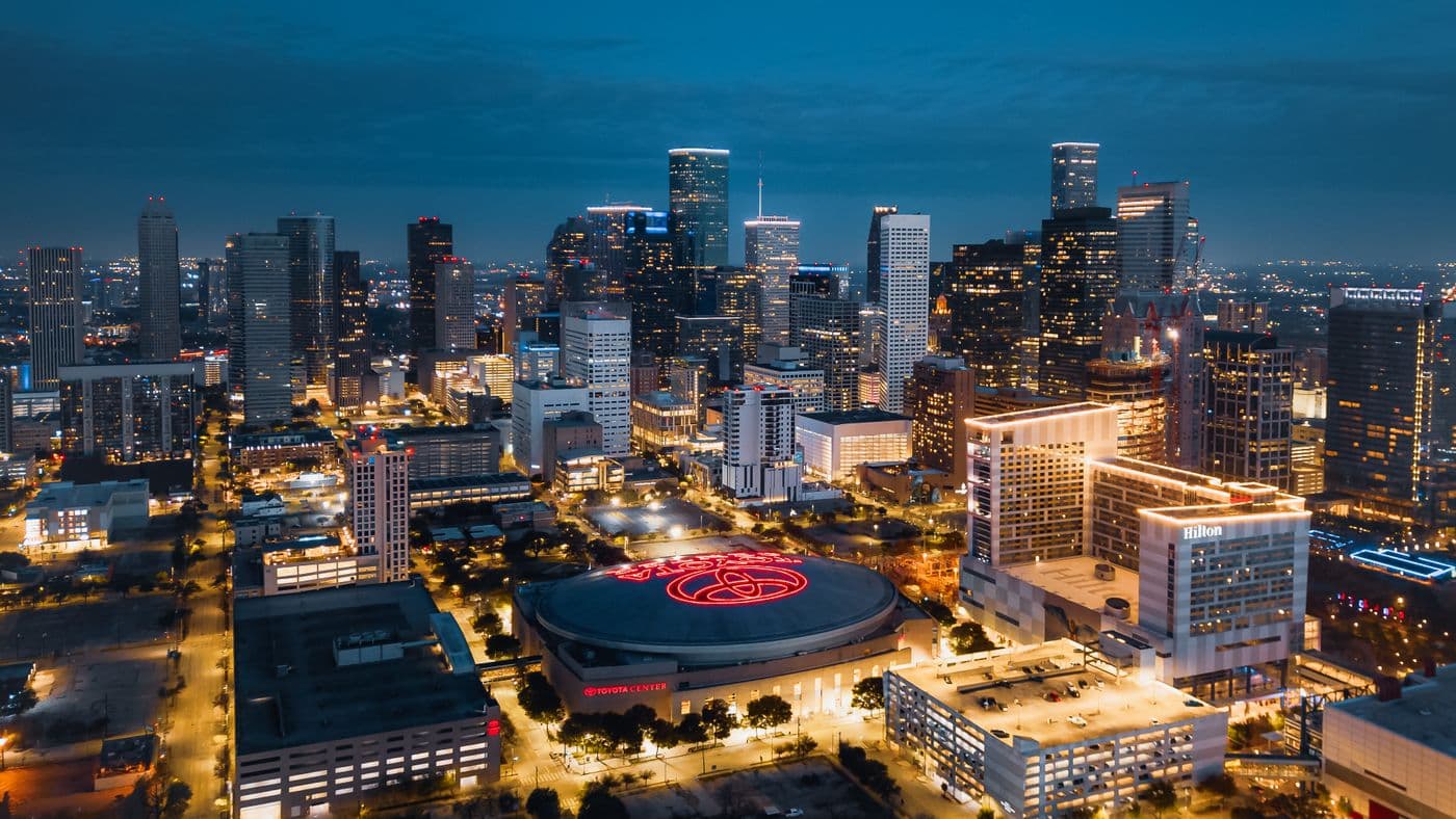 The downtown Houston, Texas skyline lit up at night